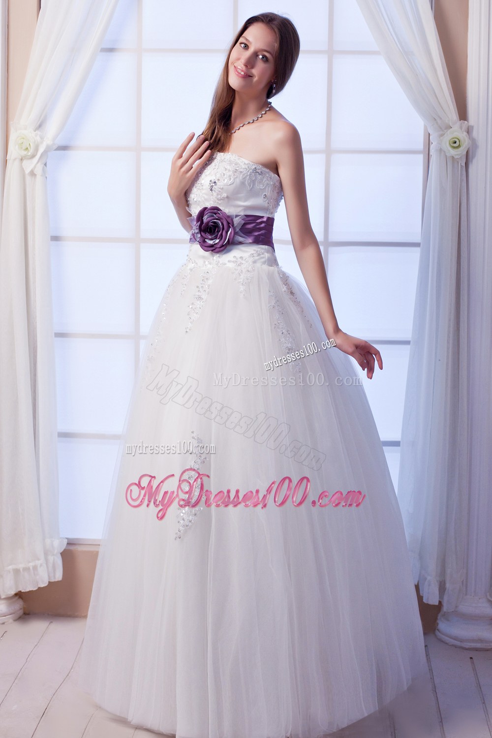 Luxurious Strapless Wedding Dress with Beading and Flowers Sash