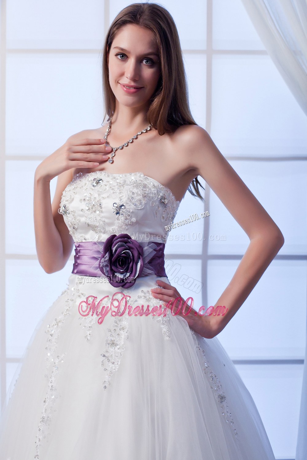 Luxurious Strapless Wedding Dress with Beading and Flowers Sash