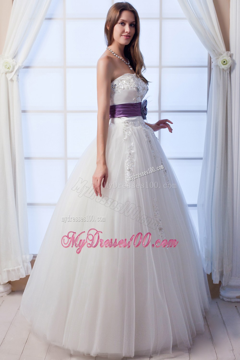 Luxurious Strapless Wedding Dress with Beading and Flowers Sash