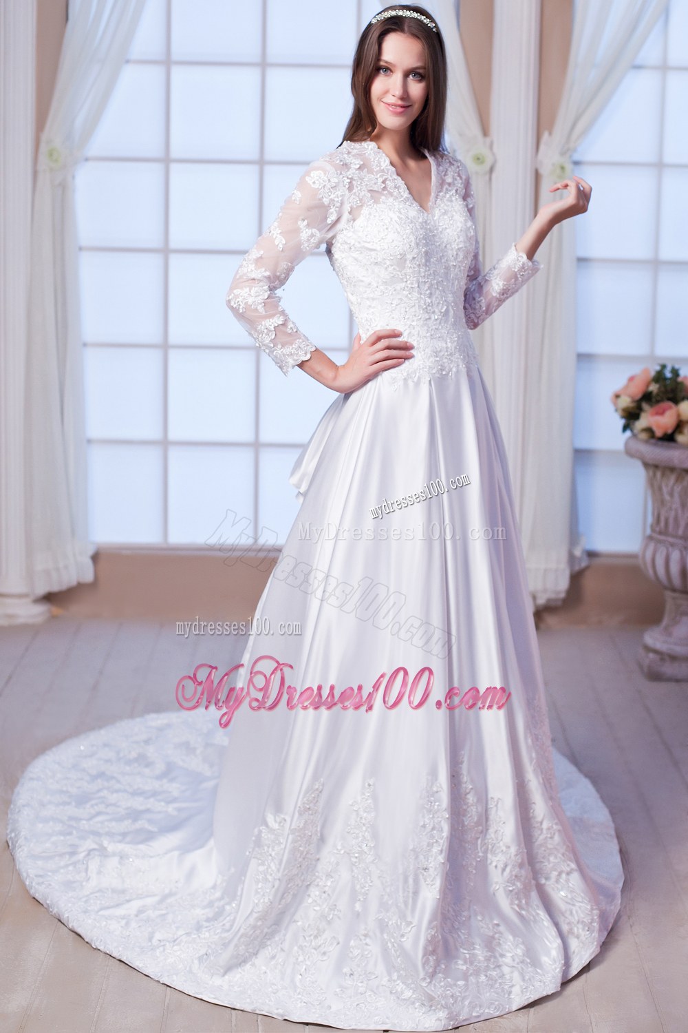 V-neck Chapel Train Lace Bridal Dress with 3 4 Length Sleeves
