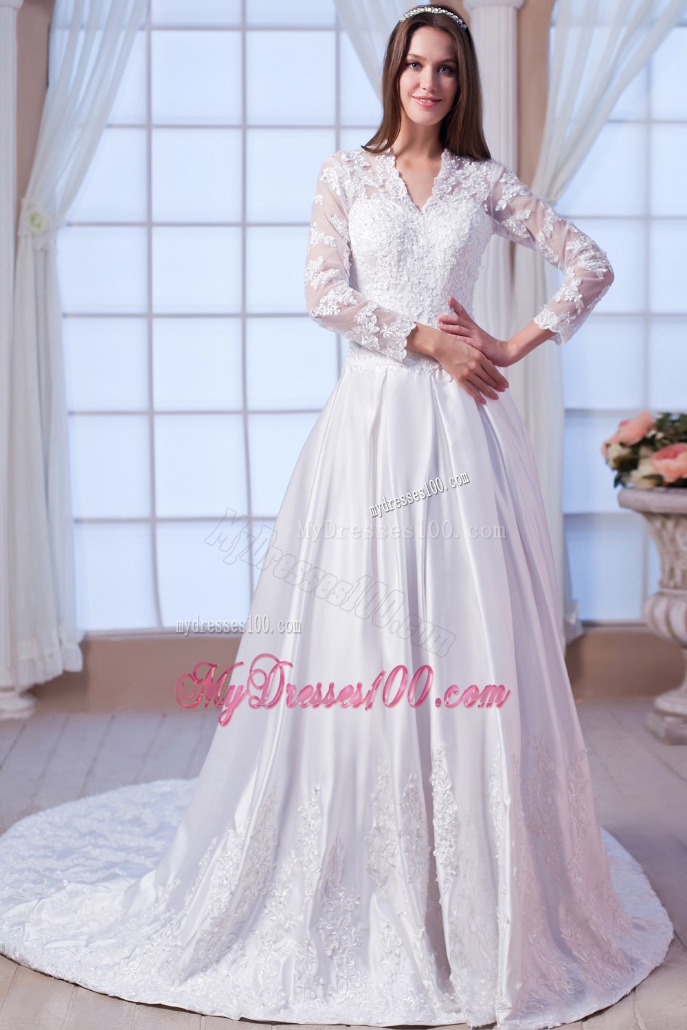 V-neck Chapel Train Lace Bridal Dress with 3 4 Length Sleeves