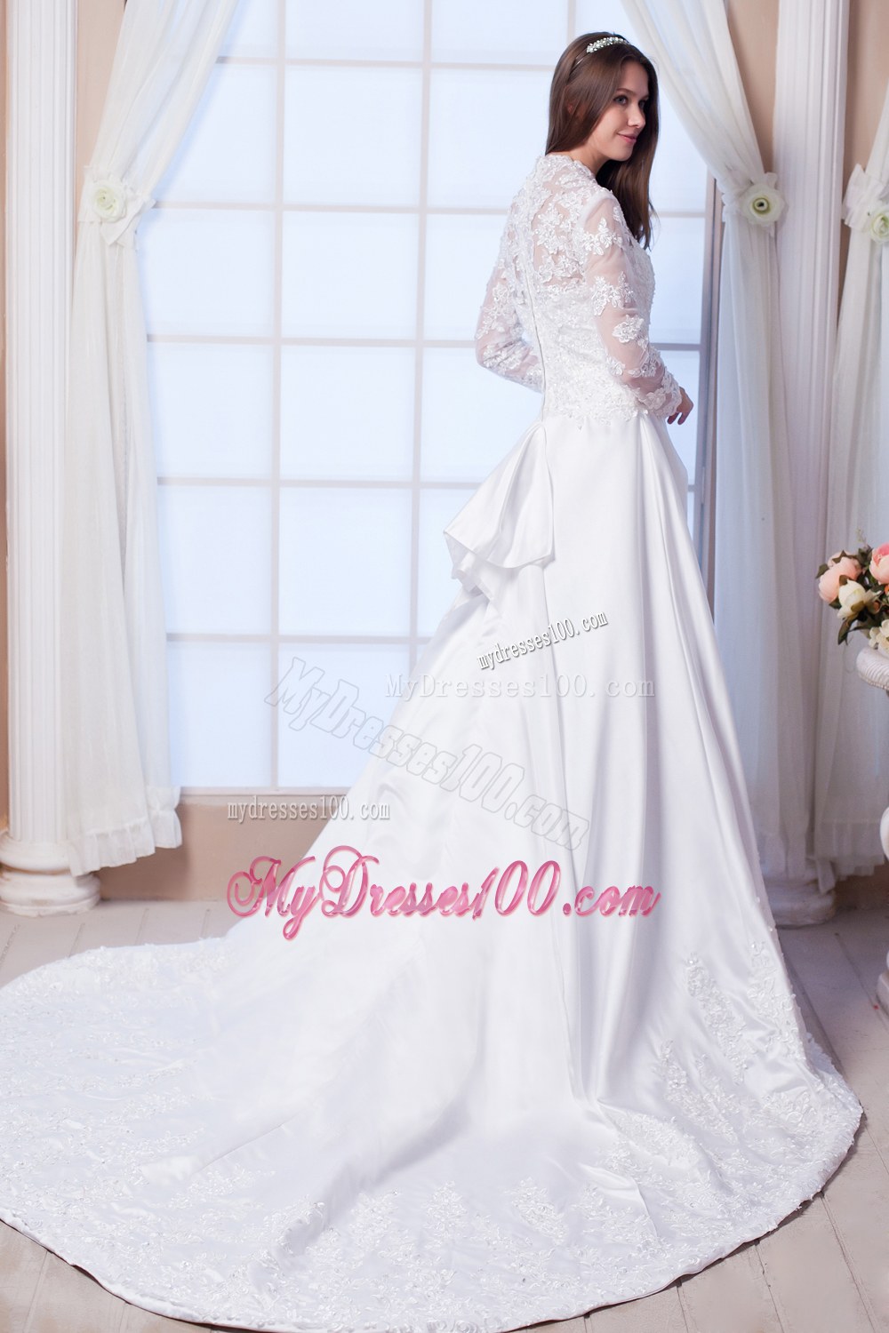 V-neck Chapel Train Lace Bridal Dress with 3 4 Length Sleeves