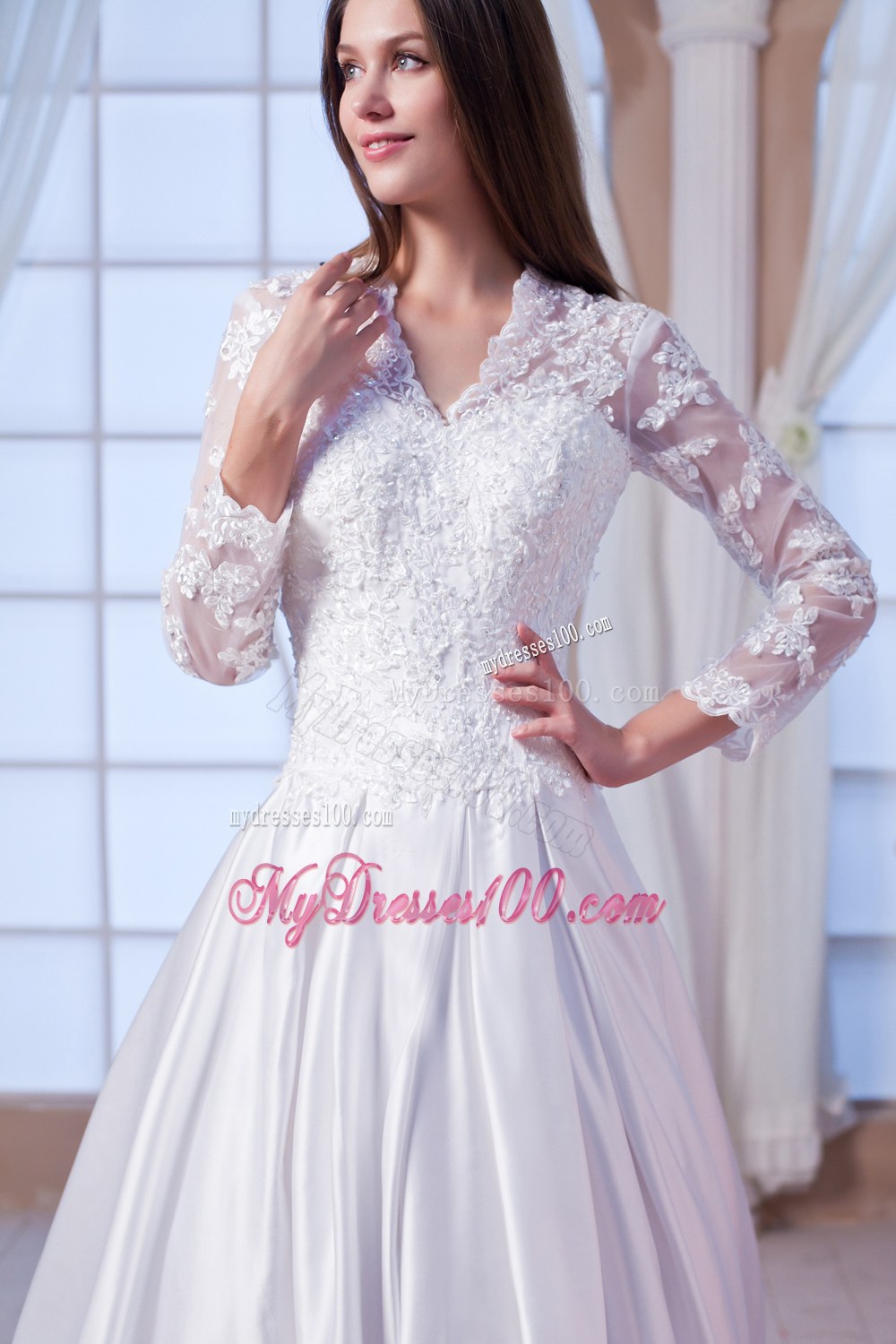 V-neck Chapel Train Lace Bridal Dress with 3 4 Length Sleeves
