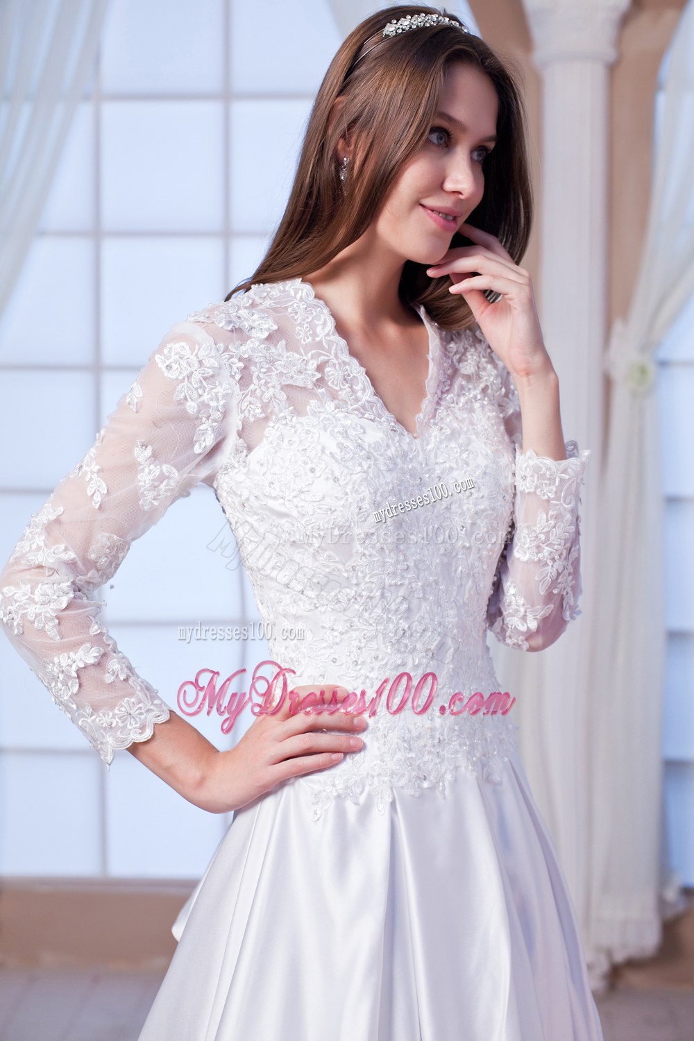 V-neck Chapel Train Lace Bridal Dress with 3 4 Length Sleeves