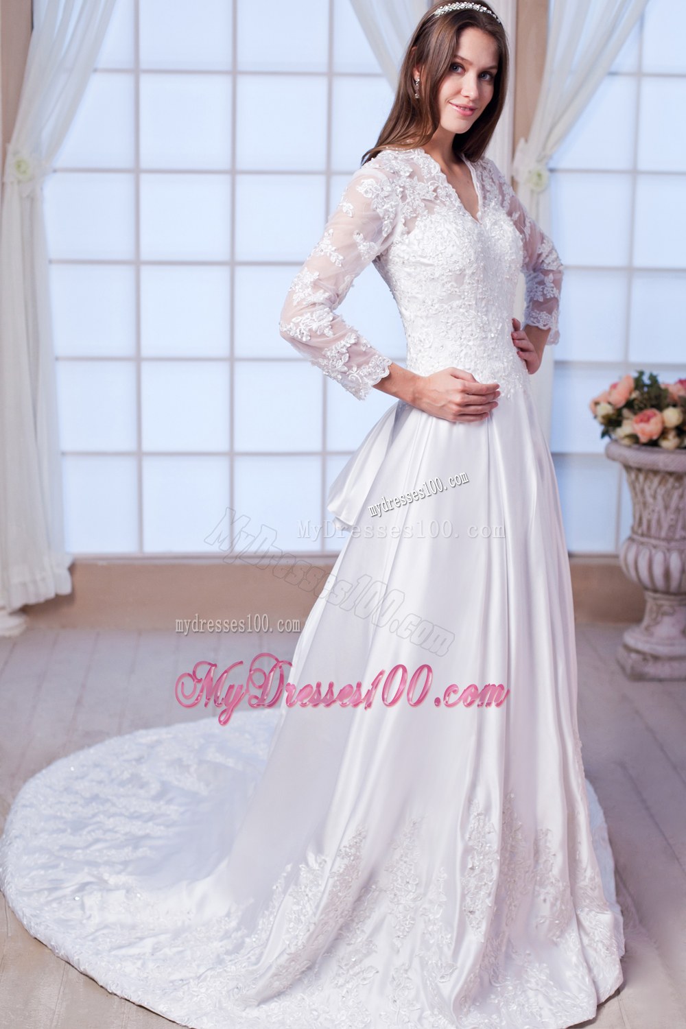 V-neck Chapel Train Lace Bridal Dress with 3 4 Length Sleeves