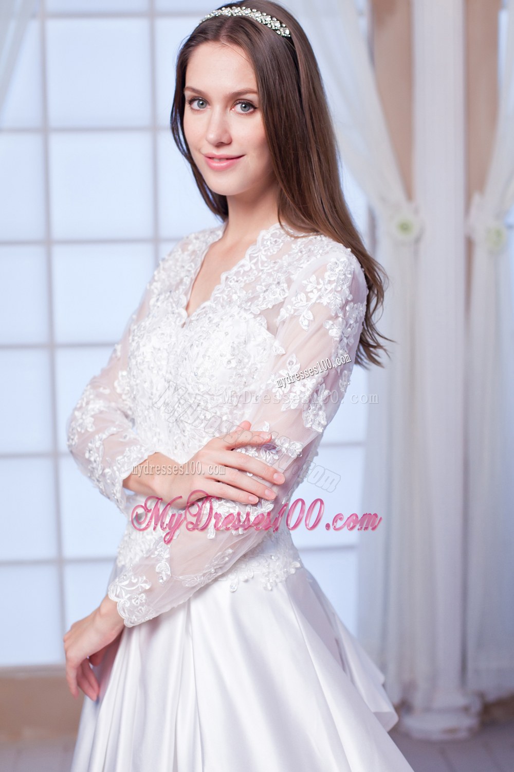 V-neck Chapel Train Lace Bridal Dress with 3 4 Length Sleeves