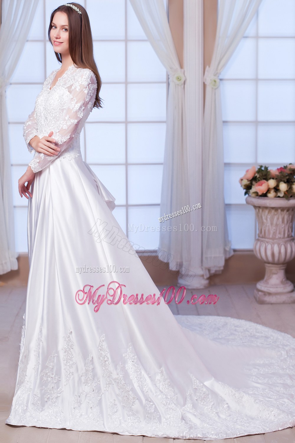 V-neck Chapel Train Lace Bridal Dress with 3 4 Length Sleeves