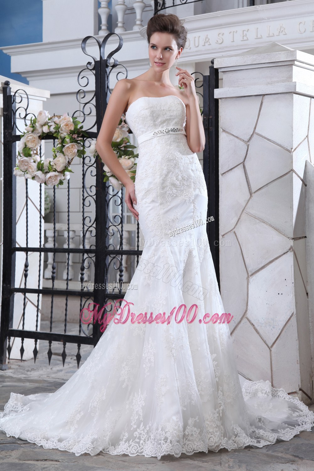 Mermaid Strapless Beaded Wedding Dresses Court Train Lace