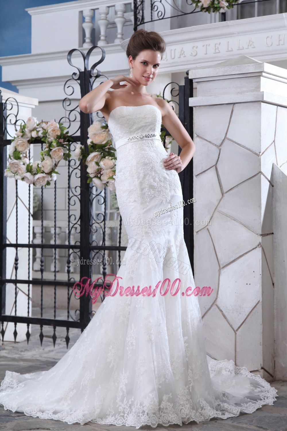 Mermaid Strapless Beaded Wedding Dresses Court Train Lace