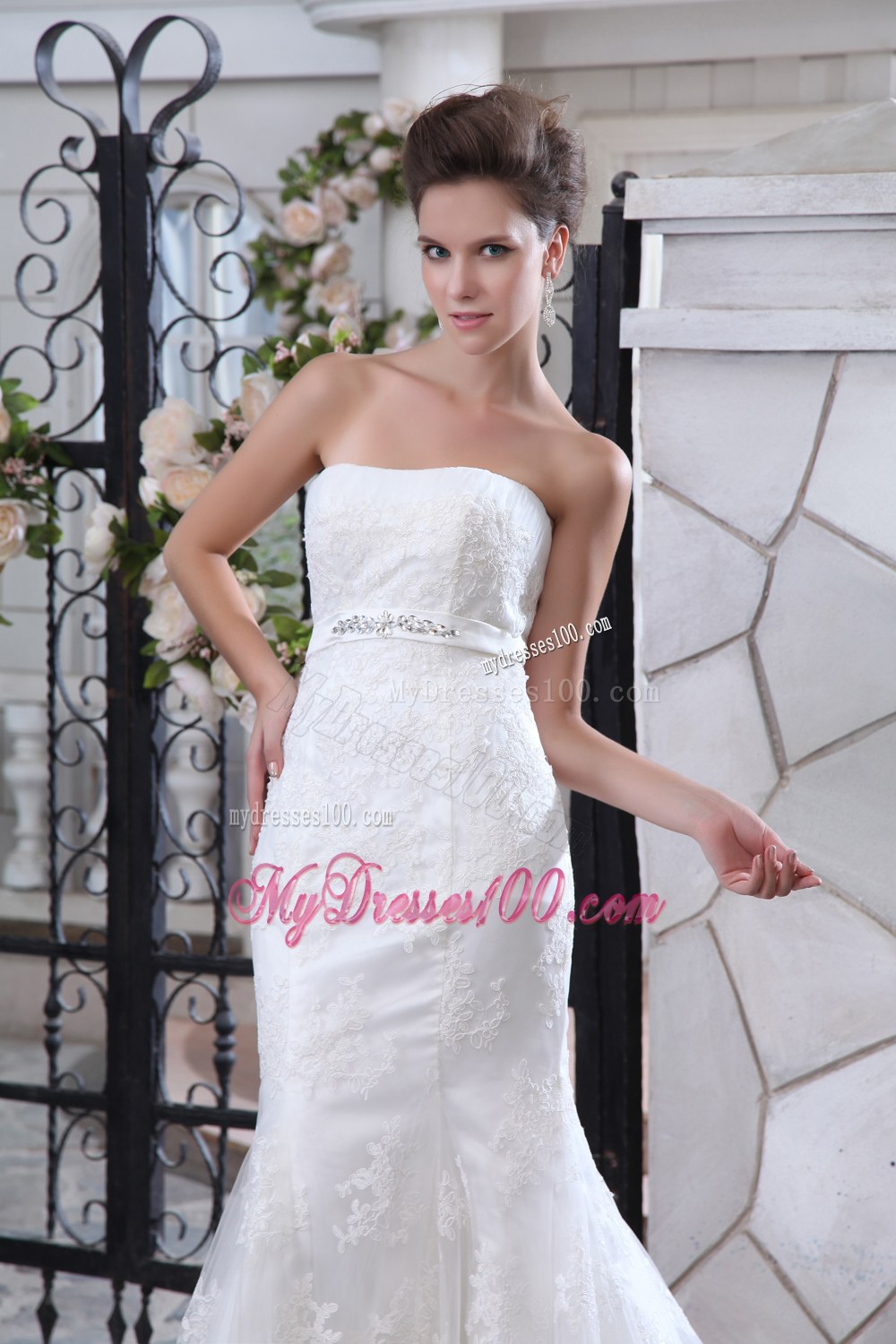 Mermaid Strapless Beaded Wedding Dresses Court Train Lace