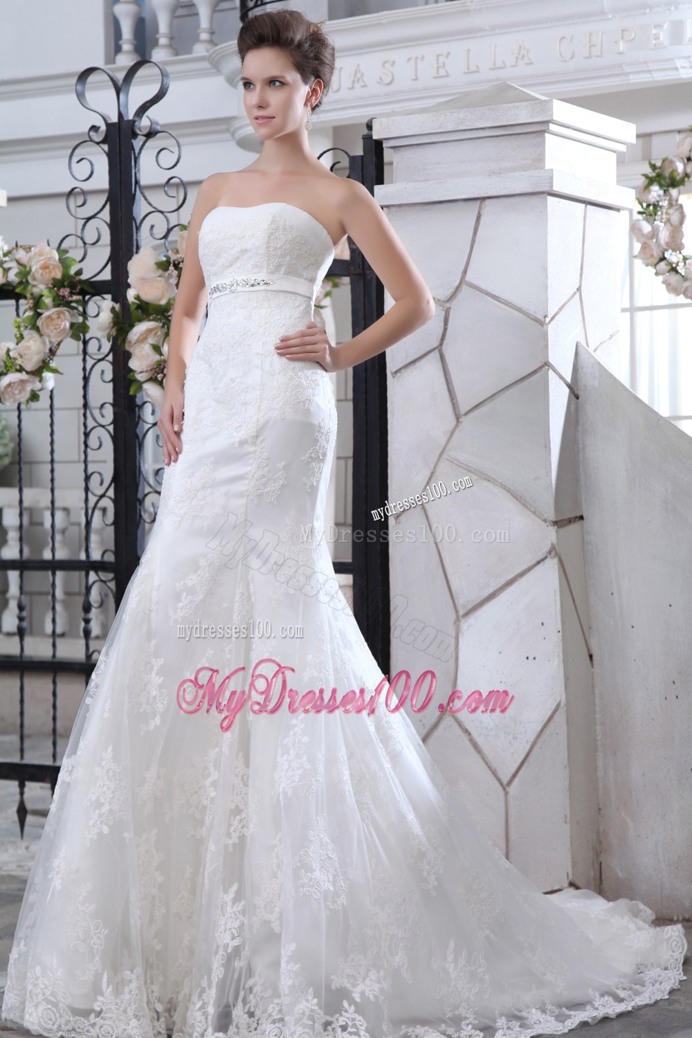 Mermaid Strapless Beaded Wedding Dresses Court Train Lace