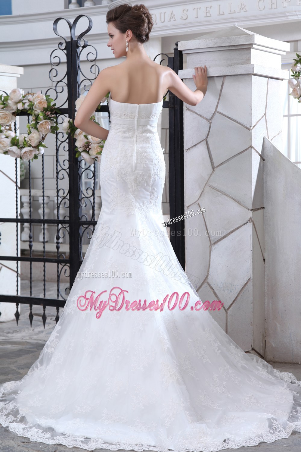 Mermaid Strapless Beaded Wedding Dresses Court Train Lace