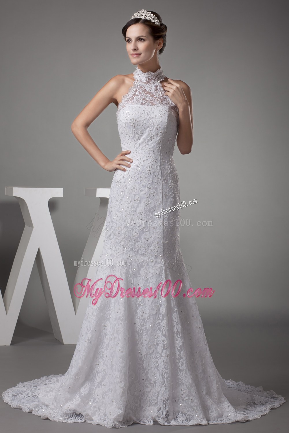 Mermaid Halter Top Lace Court Train Wedding Dress
