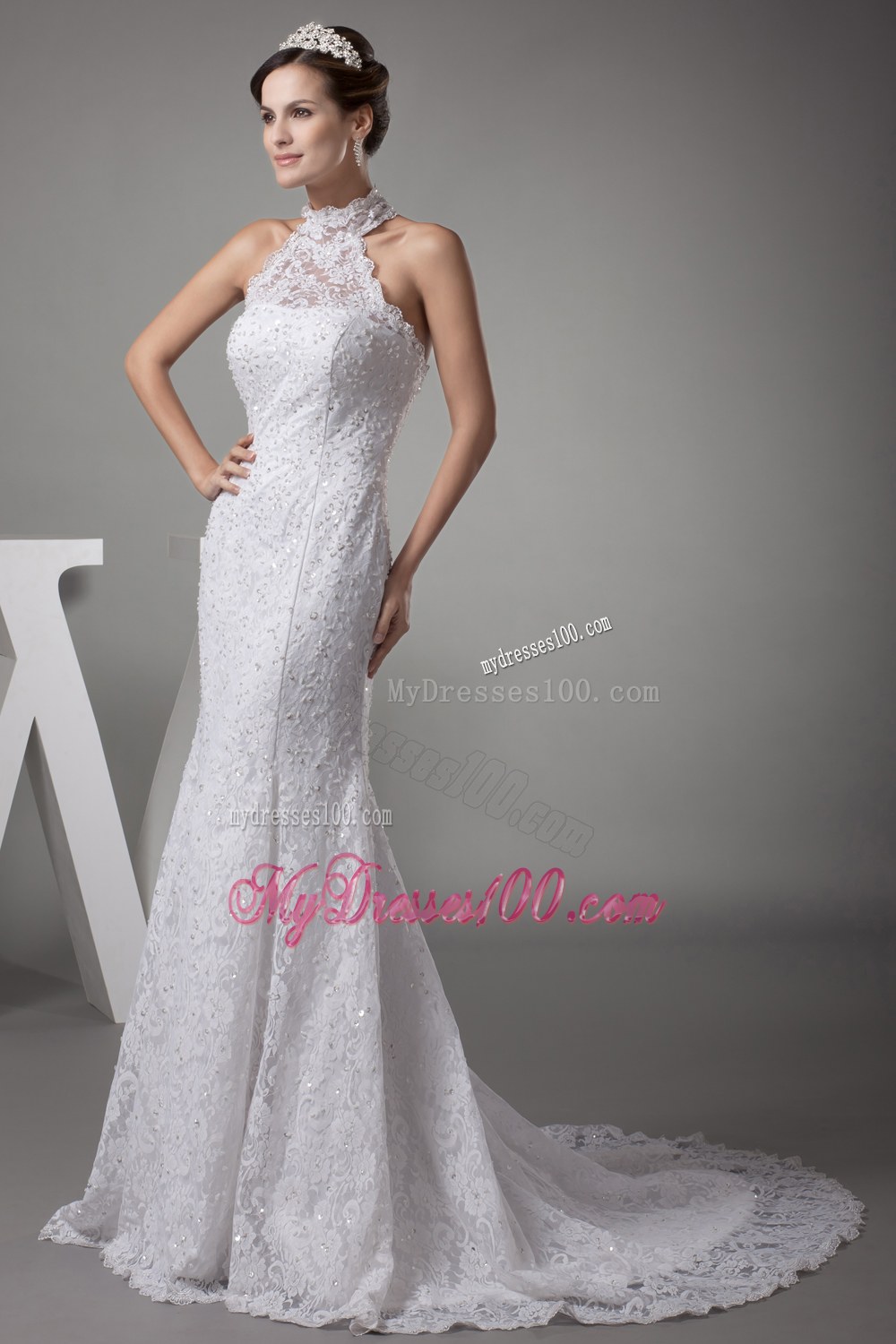 Mermaid Halter Top Lace Court Train Wedding Dress