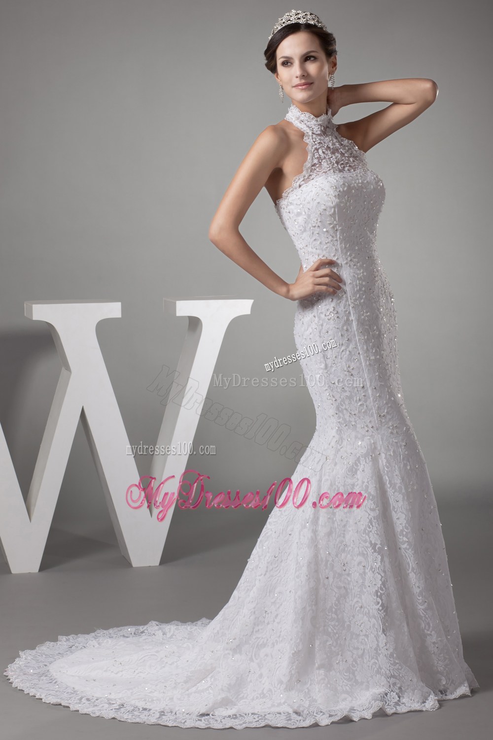 Mermaid Halter Top Lace Court Train Wedding Dress