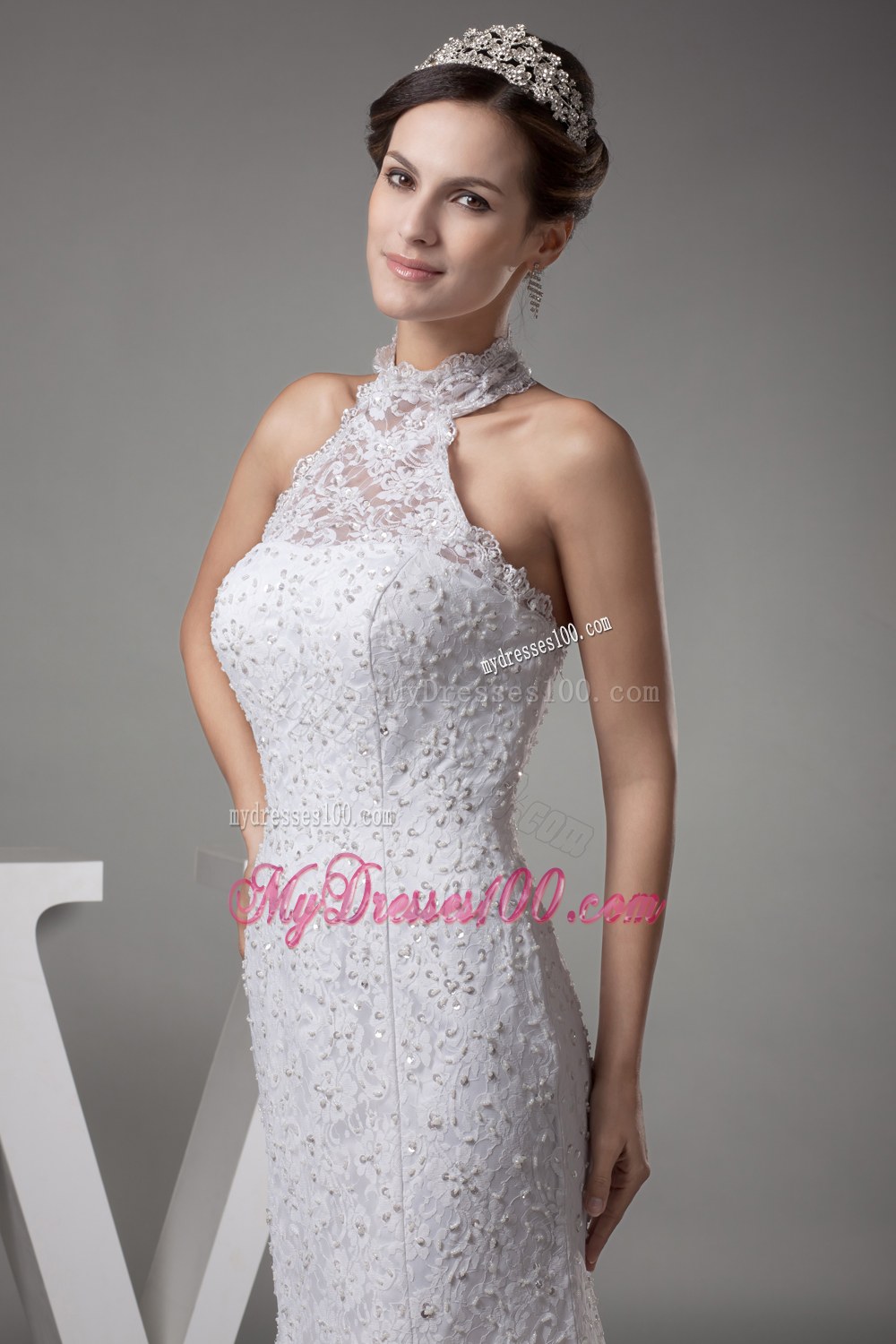 Mermaid Halter Top Lace Court Train Wedding Dress