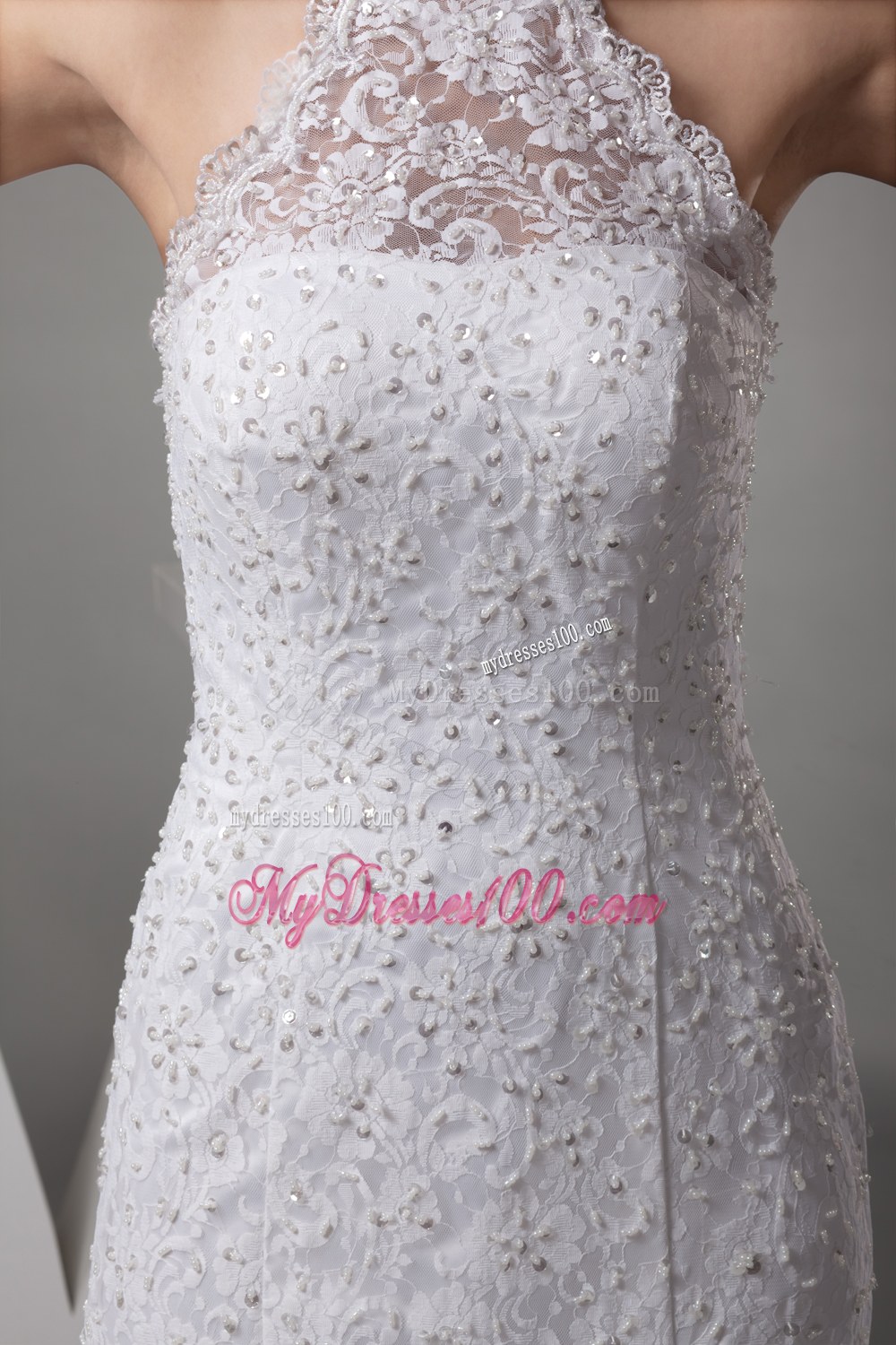 Mermaid Halter Top Lace Court Train Wedding Dress