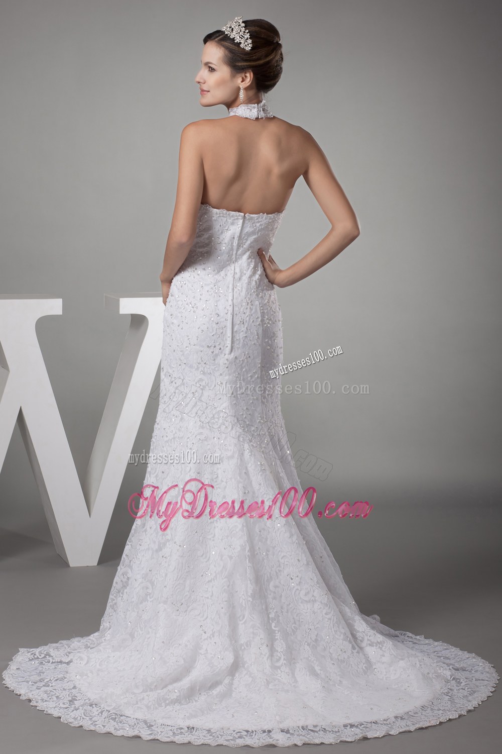Mermaid Halter Top Lace Court Train Wedding Dress