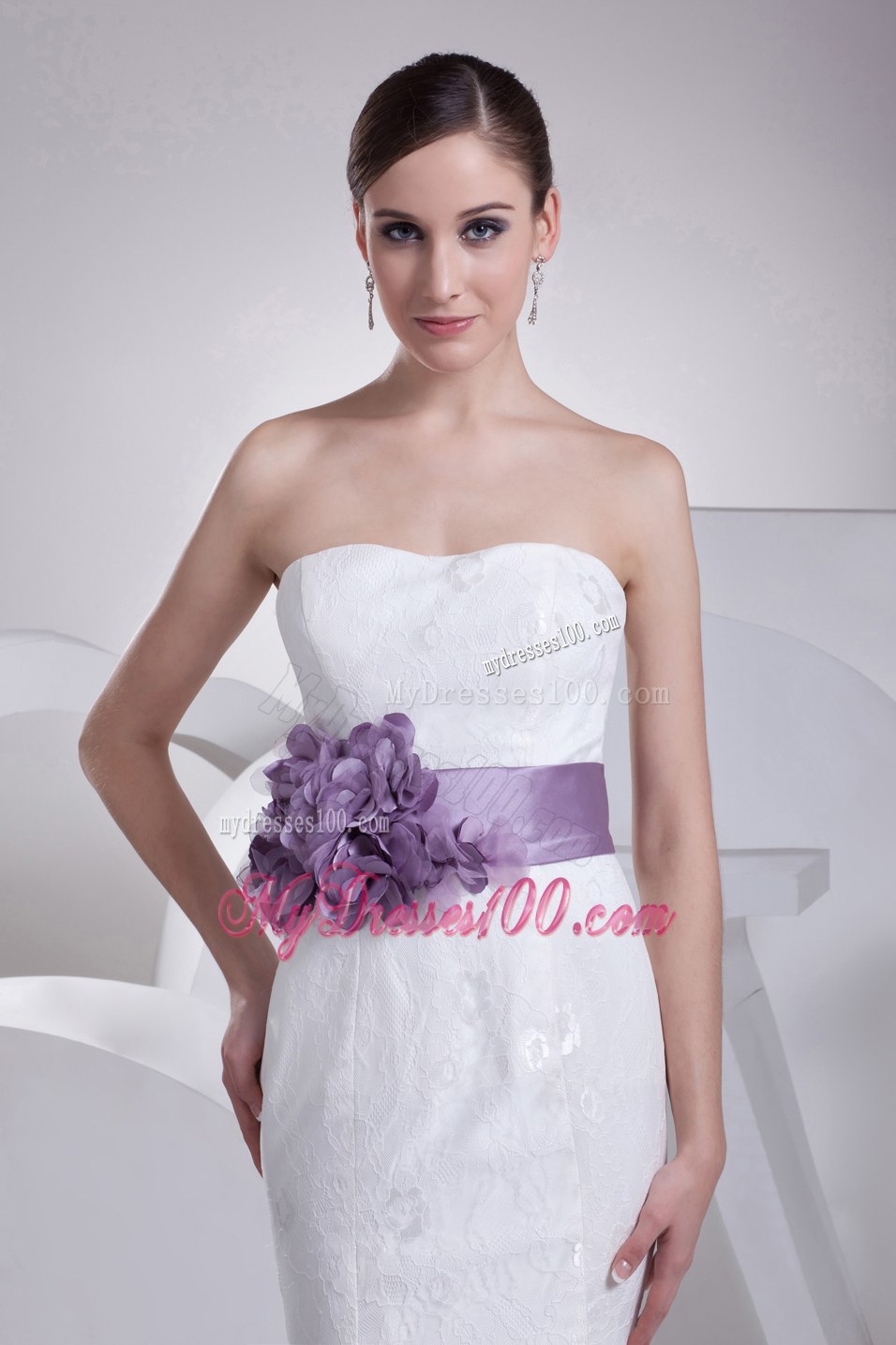 Mermaid Lilac Flowers Sash Strapless Lace Brush Train Wedding Dress