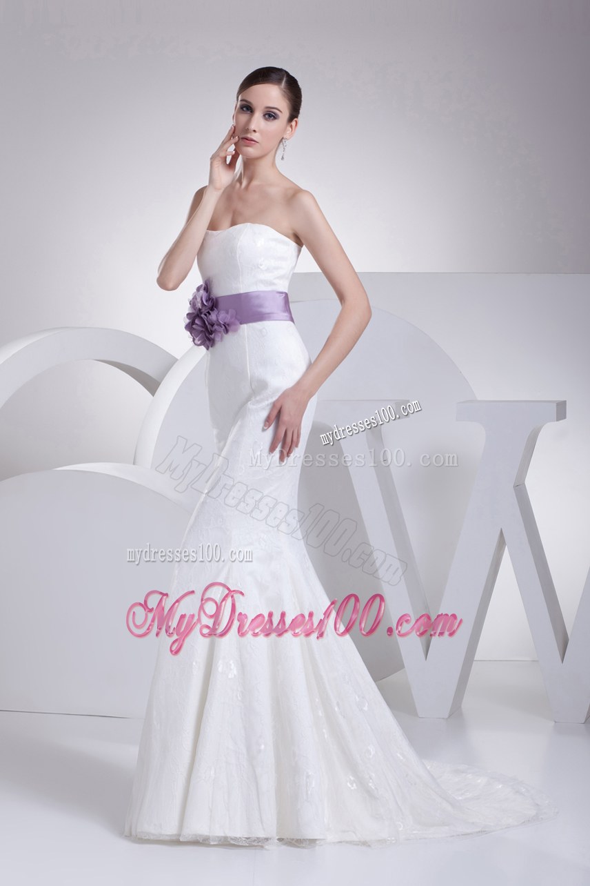 Mermaid Lilac Flowers Sash Strapless Lace Brush Train Wedding Dress