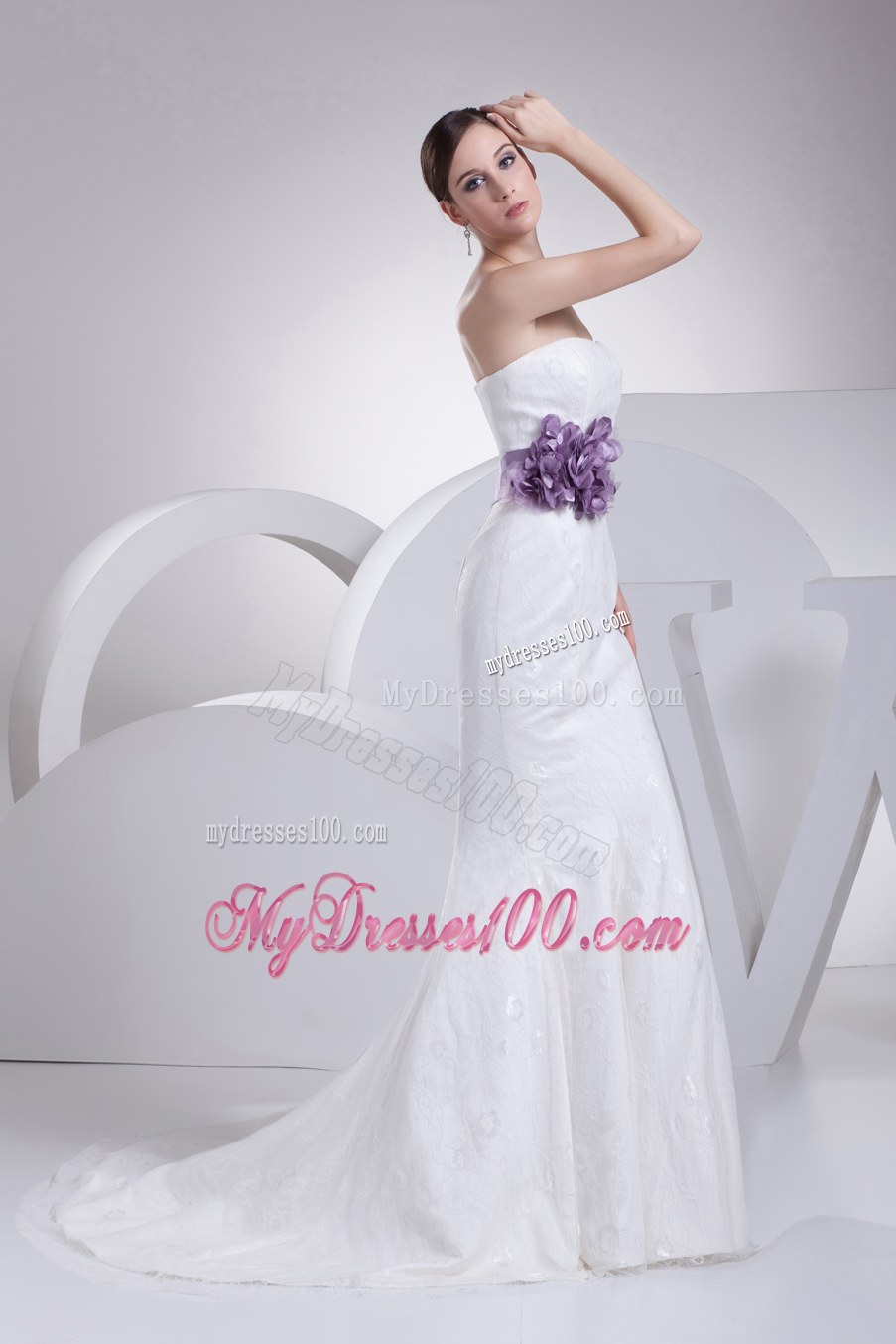 Mermaid Lilac Flowers Sash Strapless Lace Brush Train Wedding Dress