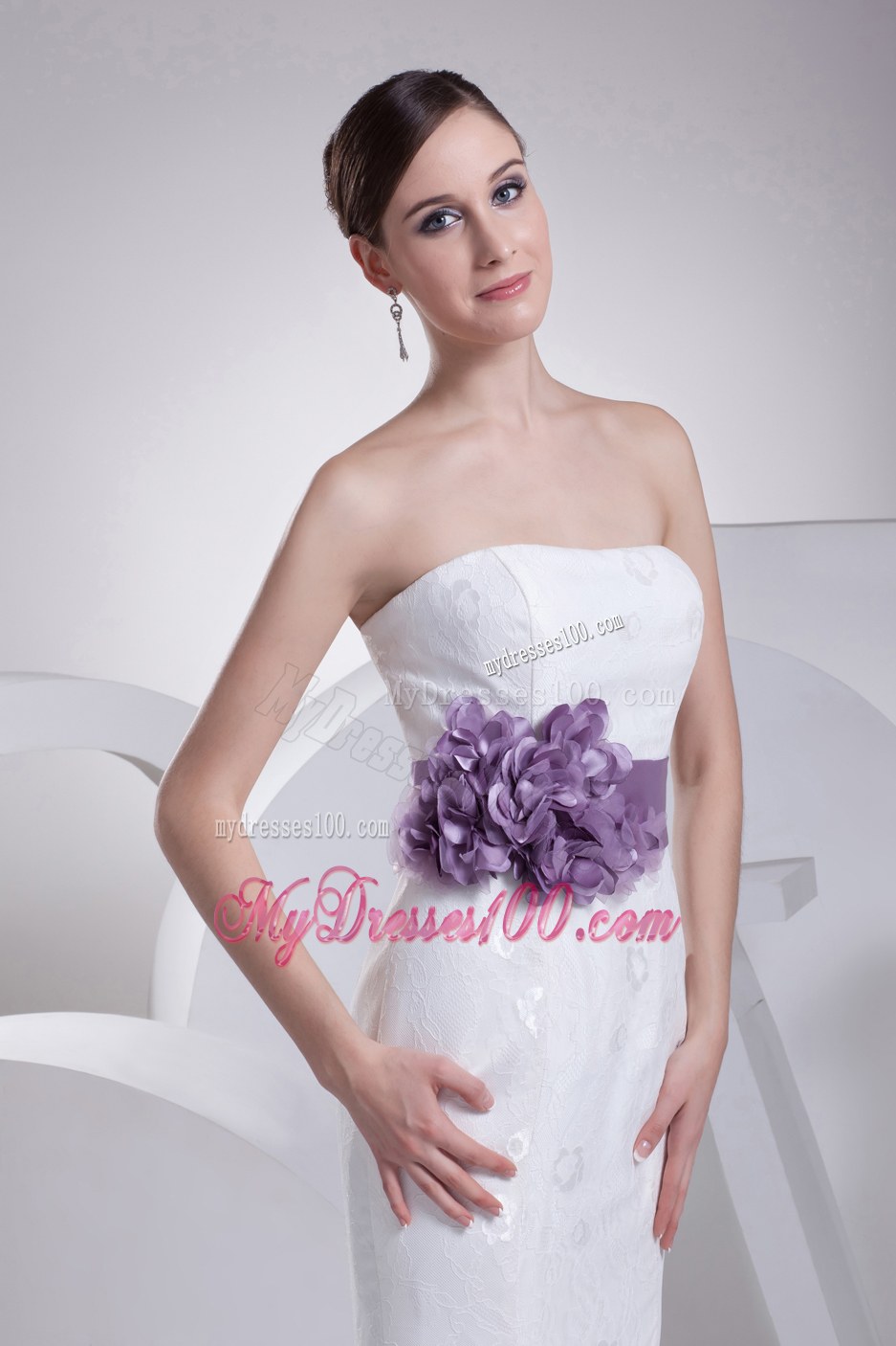 Mermaid Lilac Flowers Sash Strapless Lace Brush Train Wedding Dress