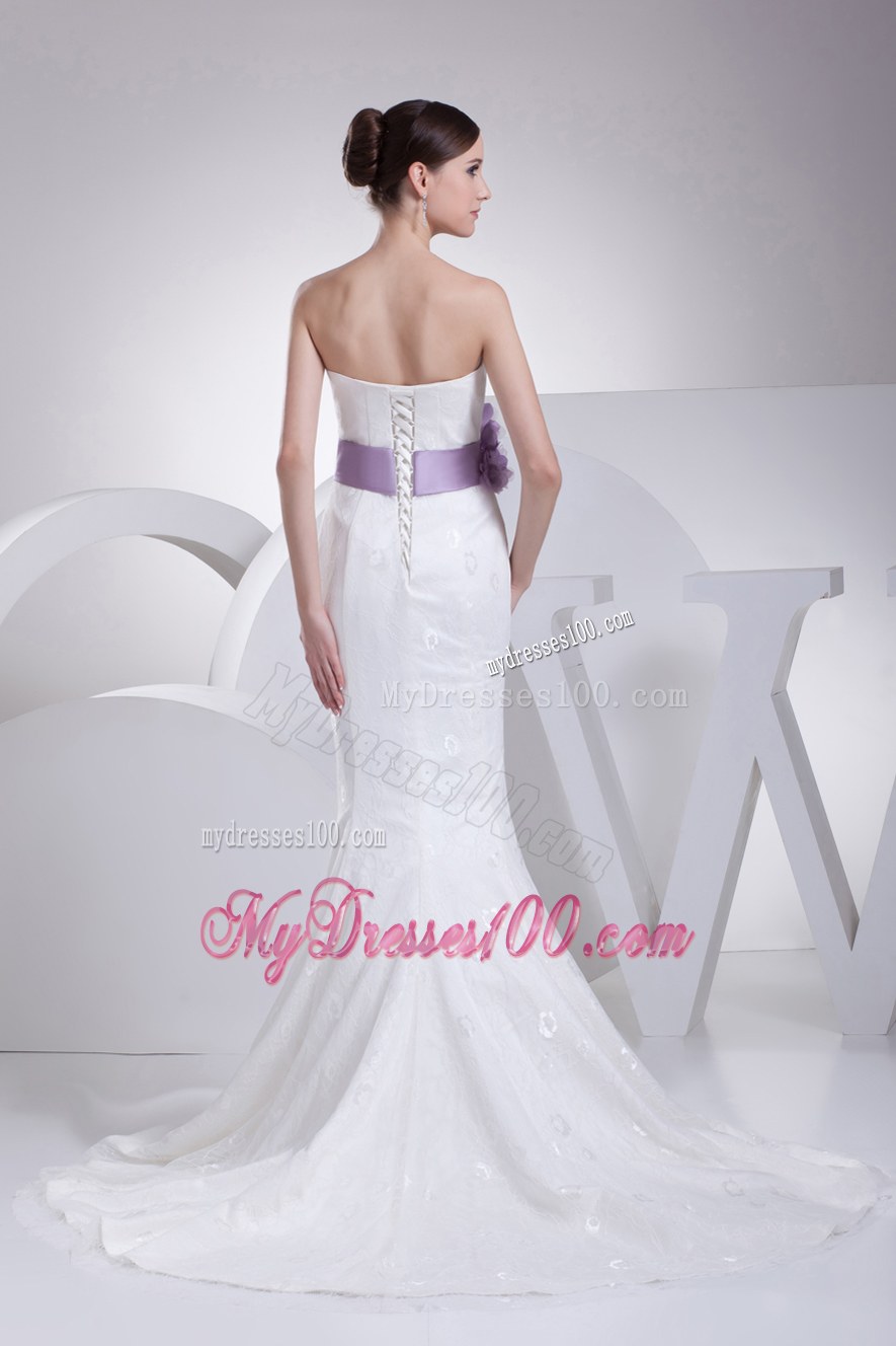 Mermaid Lilac Flowers Sash Strapless Lace Brush Train Wedding Dress
