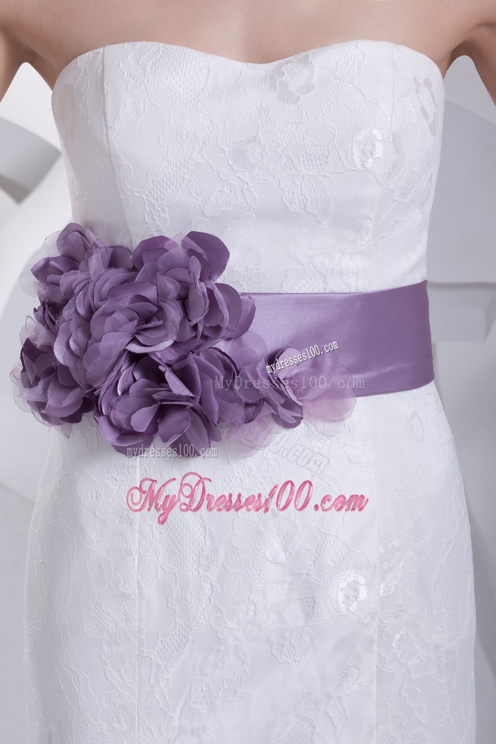 Mermaid Lilac Flowers Sash Strapless Lace Brush Train Wedding Dress