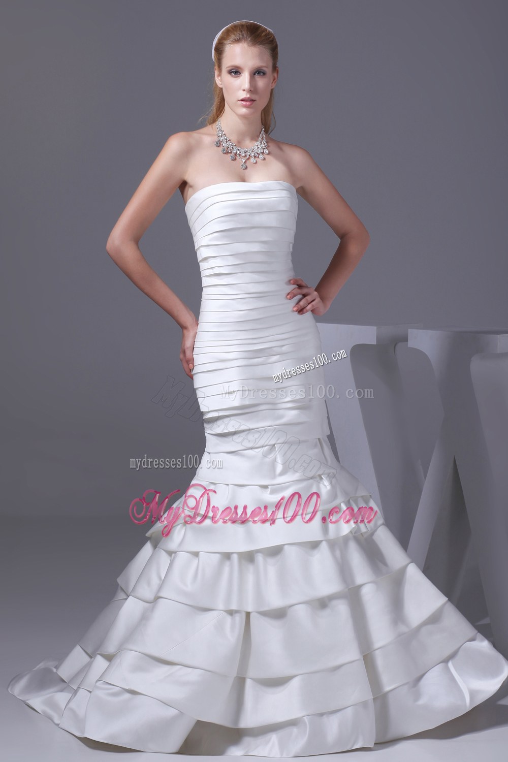 Mermaid Strapless Ruffled Layers Wedding Dress with Ruching