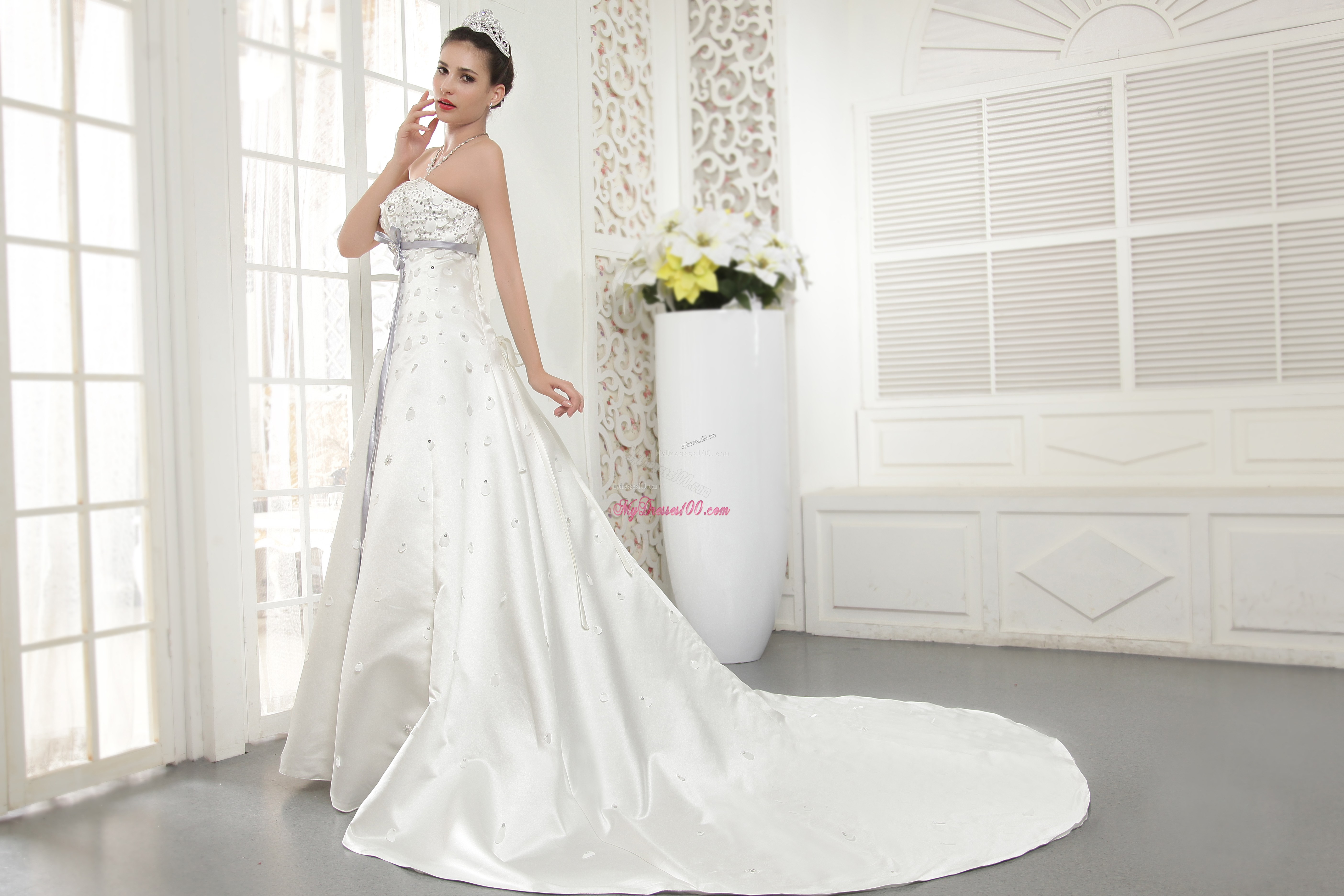 Modern Strapless Court Train Beaded Wedding Dress with Sash