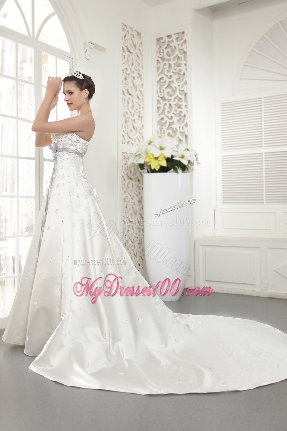 Modern Strapless Court Train Beaded Wedding Dress with Sash