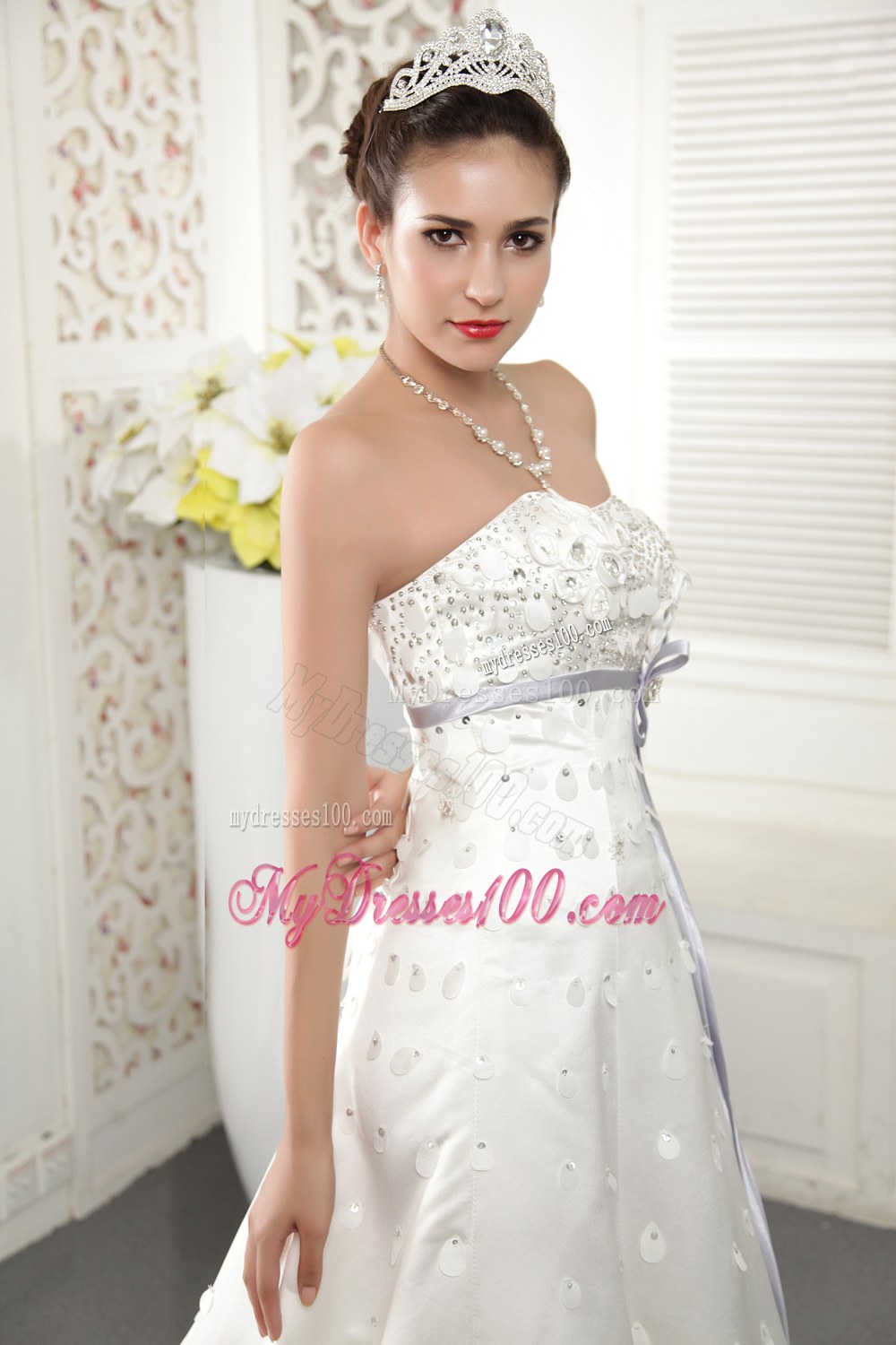 Modern Strapless Court Train Beaded Wedding Dress with Sash