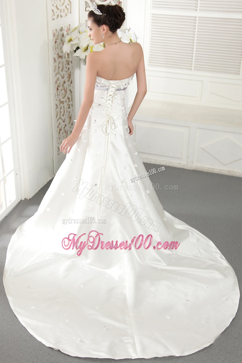 Modern Strapless Court Train Beaded Wedding Dress with Sash