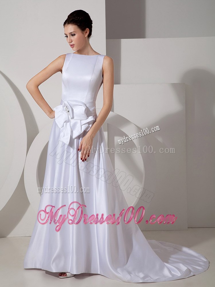 Modest Bateau Court Train Flowers Cheap Wedding Dress on Sale