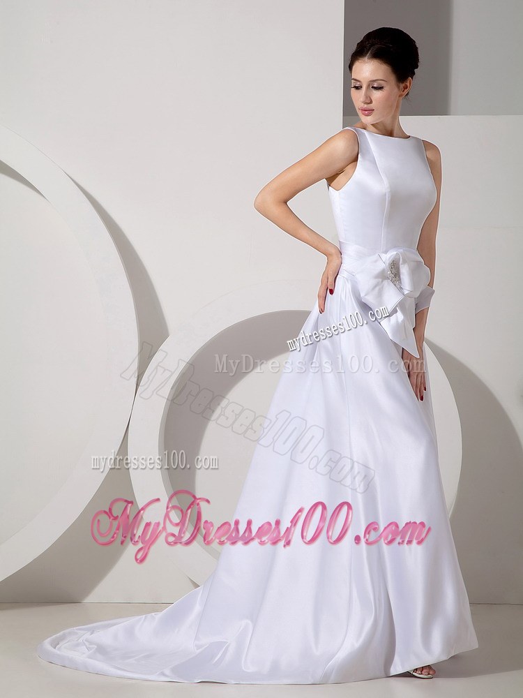 Modest Bateau Court Train Flowers Cheap Wedding Dress on Sale