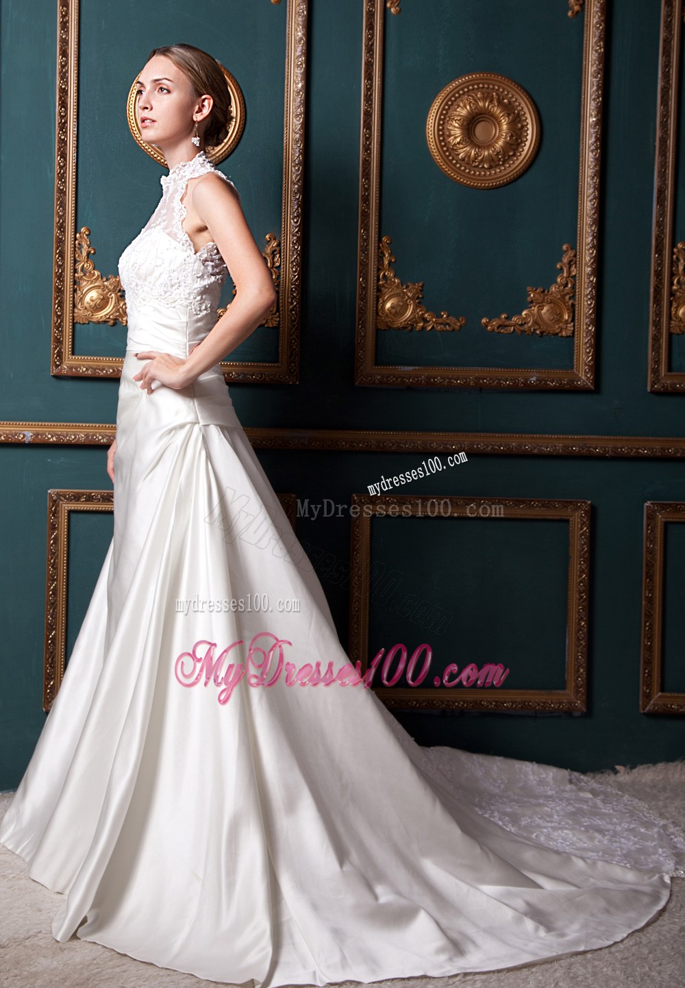 Modest High-neck Chapel Train 2013 Lace Wedding Dresses