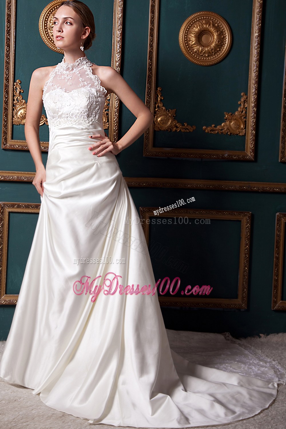 Modest High-neck Chapel Train 2013 Lace Wedding Dresses