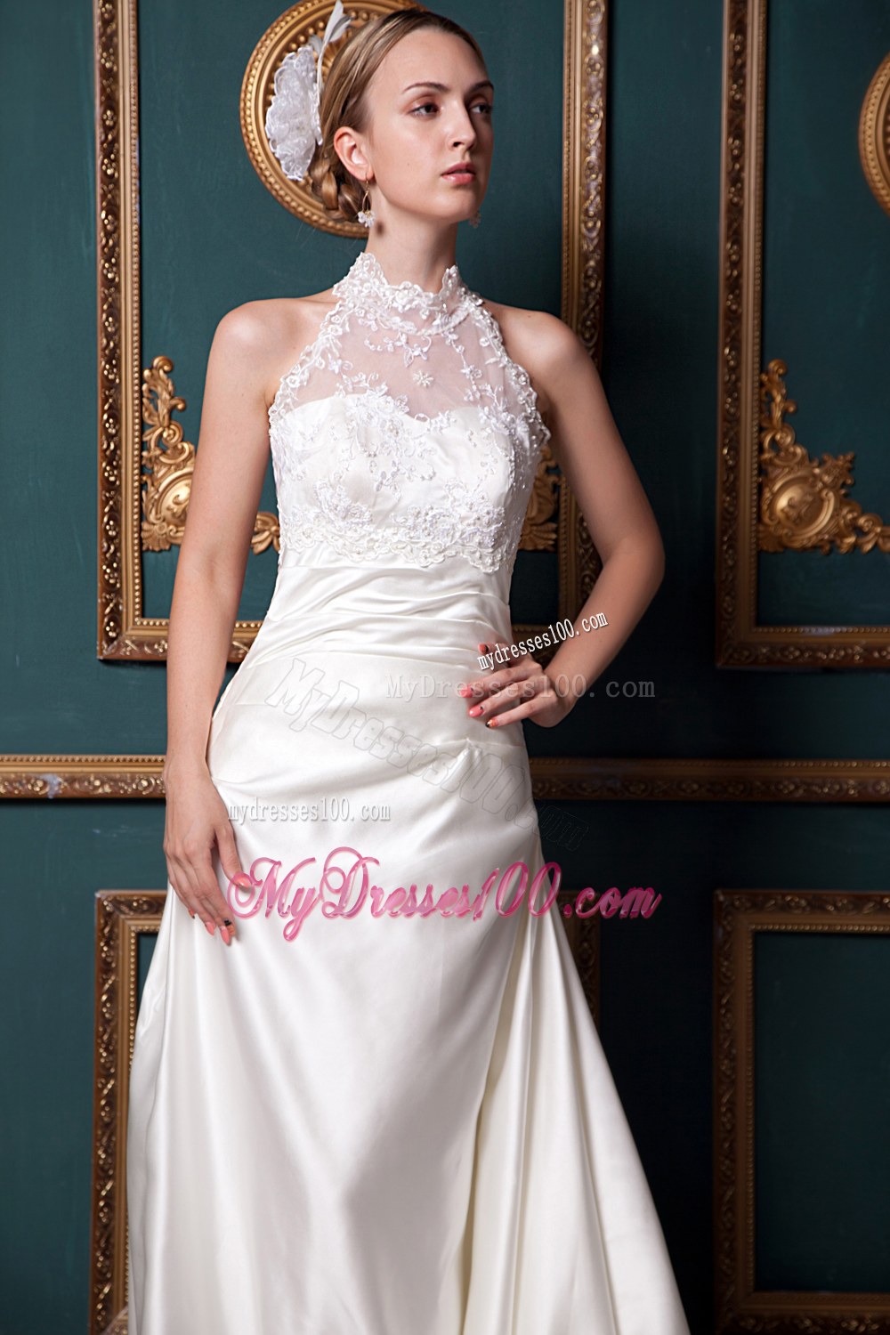 Modest High-neck Chapel Train 2013 Lace Wedding Dresses