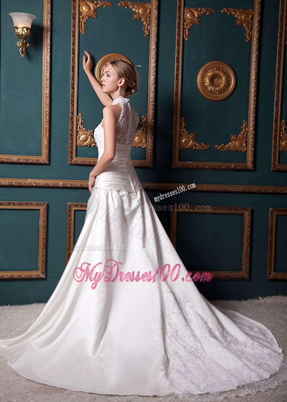 Modest High-neck Chapel Train 2013 Lace Wedding Dresses