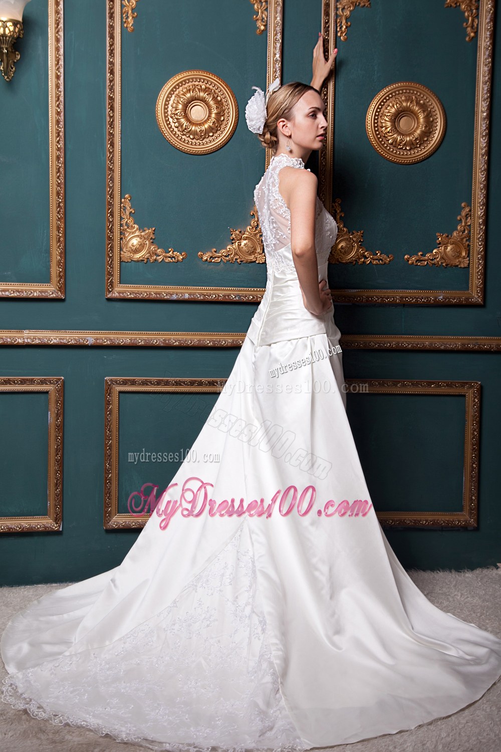Modest High-neck Chapel Train 2013 Lace Wedding Dresses
