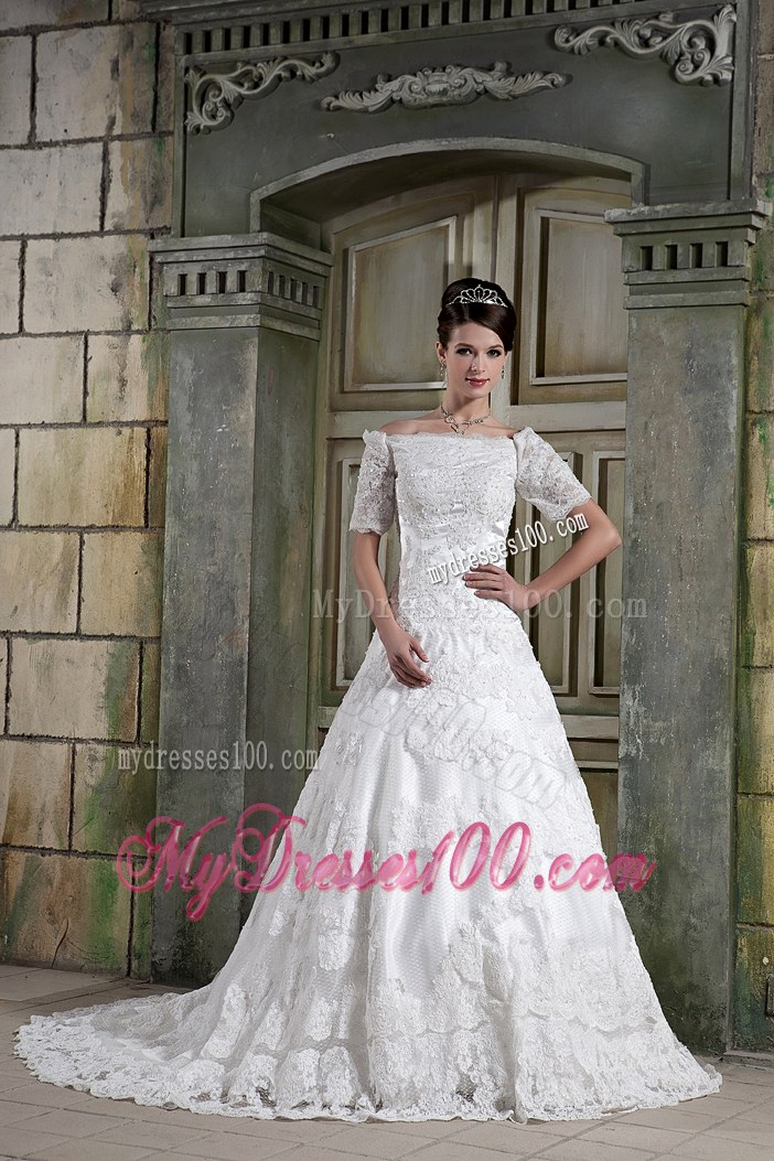 Modest A-line Off The Shoulder Chapel Train Lace Wedding Dress