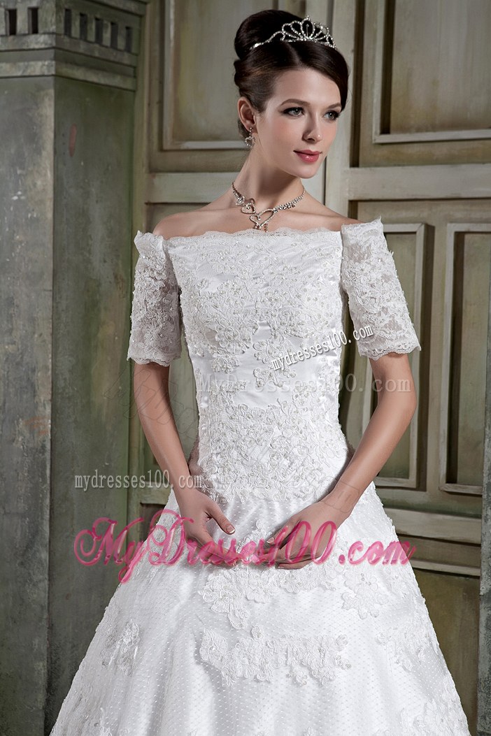 Modest A-line Off The Shoulder Chapel Train Lace Wedding Dress