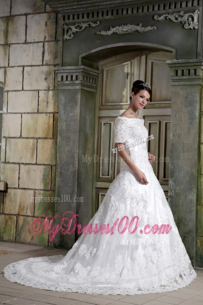 Modest A-line Off The Shoulder Chapel Train Lace Wedding Dress