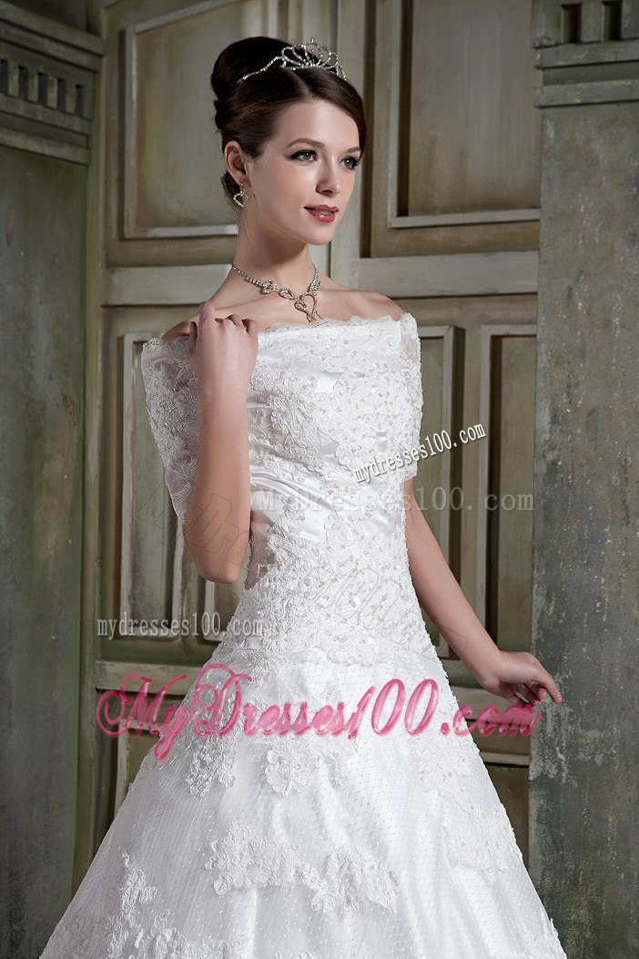 Modest A-line Off The Shoulder Chapel Train Lace Wedding Dress