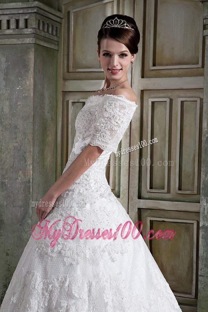 Modest A-line Off The Shoulder Chapel Train Lace Wedding Dress
