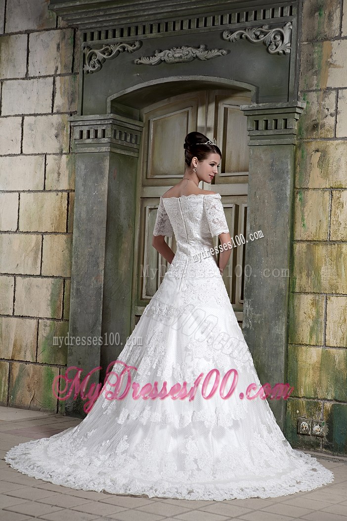 Modest A-line Off The Shoulder Chapel Train Lace Wedding Dress