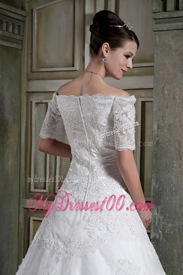 Modest A-line Off The Shoulder Chapel Train Lace Wedding Dress