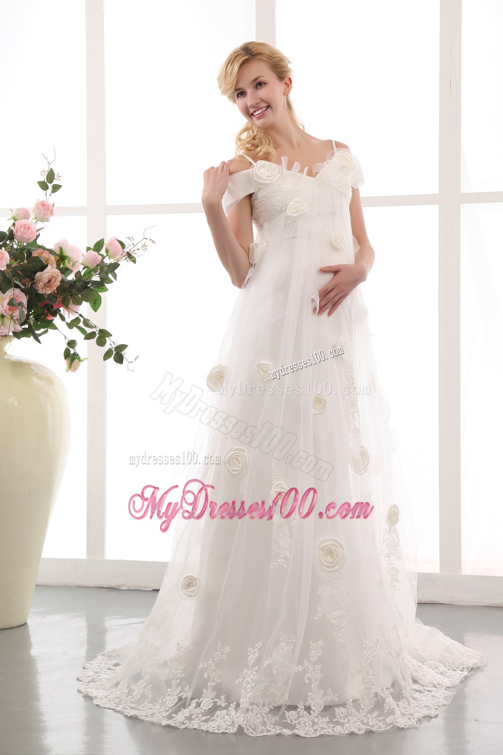 Off The Shoulder Court Train Wedding Dresses with Appliques and Flowers