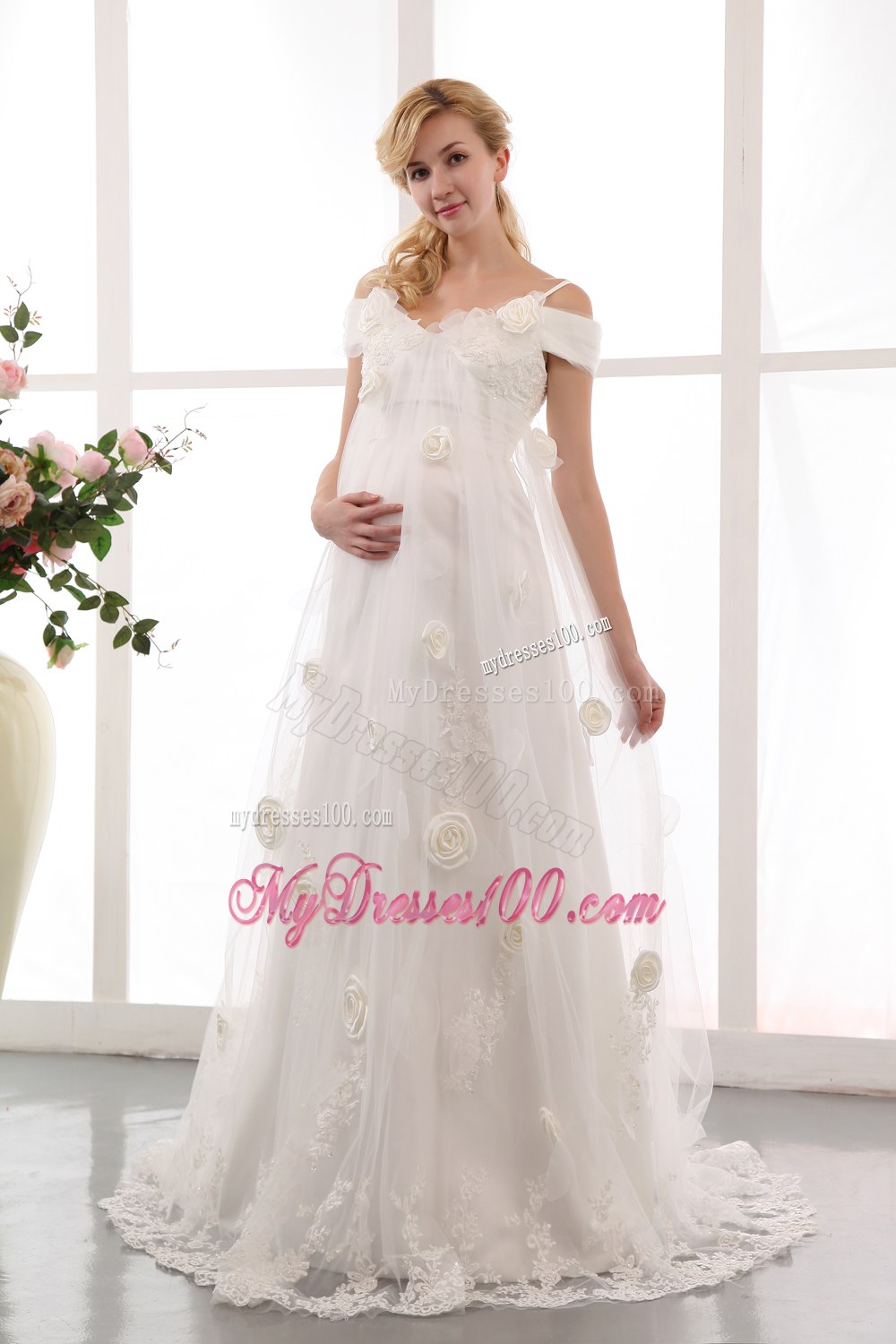 Off The Shoulder Court Train Wedding Dresses with Appliques and Flowers