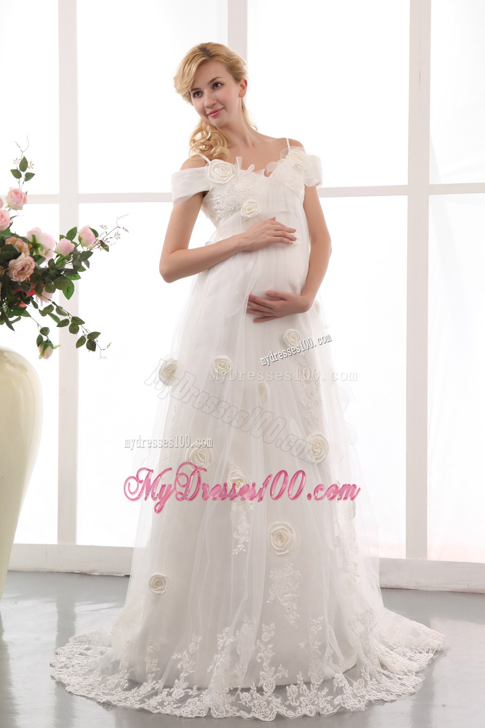 Off The Shoulder Court Train Wedding Dresses with Appliques and Flowers